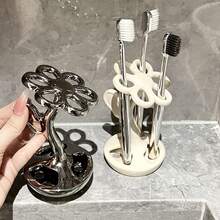 Floral Ceramic Toothbrush Holder Bathroom Sink Organizer Multi-Functional Makeup Brush Storage Rack Bathroom Countertop Drainage Toothbrush Toothpaste Holder Luxury Desktop Pen Brush Storage Decor - A - View 3
