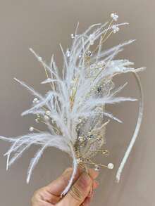1pc Super Fairy Princess Style Feather Headband, Suitable For Performance Occasions, Also A Beautiful Birthday Gift Or Headpiece For Piano Performance. - Champagne - View 5