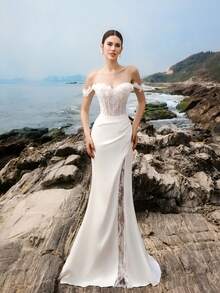 HEARBOBO 迷人白色對比蕾絲高開衩新娘婚紗禮服 秋季款 - 白色 - 查看 7