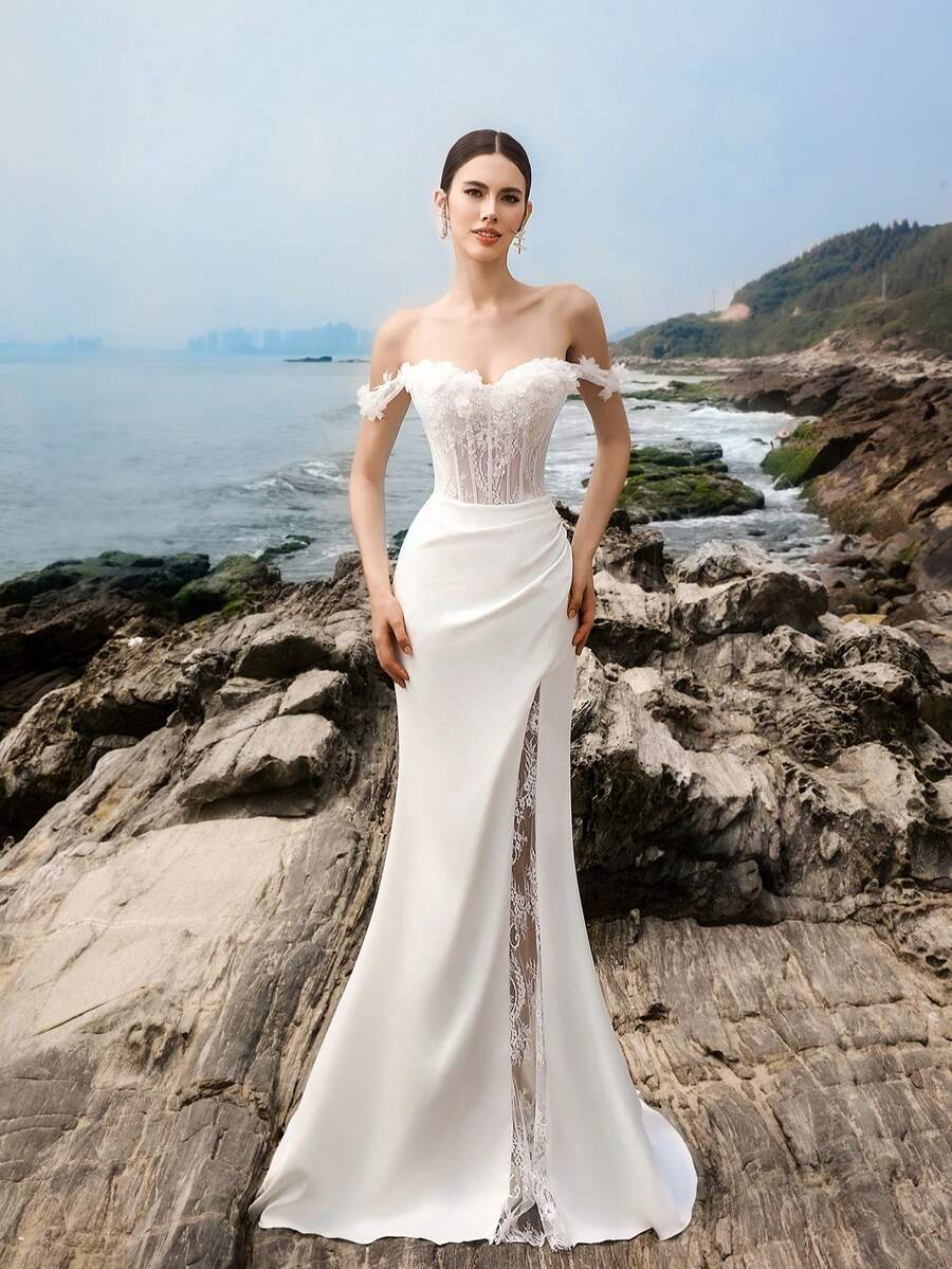 Gaun Pengantin HEARBOBO Putih Menawan dengan Belahan Tinggi dan Renda Kontras untuk Musim Gugur