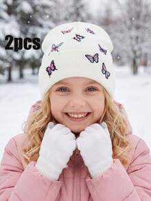 2pcs Girls White Fully Embroidered Butterfly Knit Hat + Gloves 2-Piece Set, Thickened Sweet Knit Hat, Soft White Beanie For Autumn/Winter - 2PC - View 9
