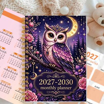 1pc A5 2027‑2030 Monthly Spiral Planner, Magical Night Sky Owl Moon Floral Art Cover, 4‑Year Agenda Organizer Notebook, Monthly Calendar Log Book For Tracking Appointments, Tasks & Goals For Home Office Student Use
