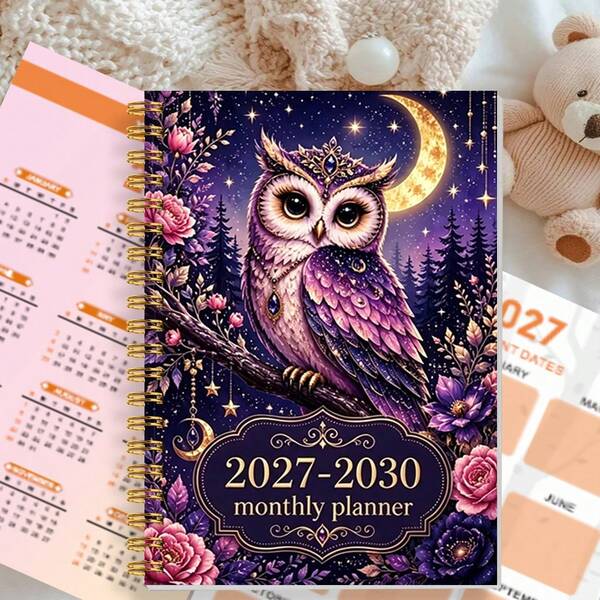 1 st A5 månadsplanerare med spiralbindning 2027–2030, magiskt nattshimmelsmotiv med uggla, måne och blomsterkonst på omslaget, 4-årig agenda och organiserare, månadsloggbok för att spåra möten, uppgifter och mål, för hemmet, kontoret och studenter