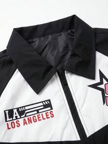 Men's Spring/Autumn Stylish Casual Letter Print Color-Blocked Motorcycle Racing Jacket, Simple And Versatile Lapel Men's Coat, Suitable As A Gift For Friends, Husbands, Or Boyfriends. - Black - View 7