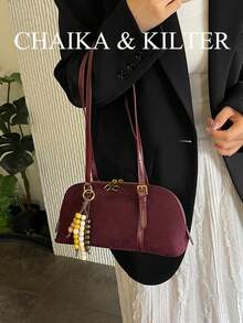 CHAIKA & KILTER 1件裝純色麂皮布料女款單肩包，復古時尚啞光貝殼包，對比色絎縫線條，雙手柄設計，拉鍊開合，適合日常與街頭使用（含吊飾） - 酒紅色 - 查看 6