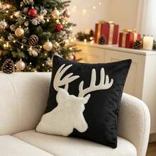 LCUHPCL 1pc Christmas Reindeer Applique 3D Embroidered Pillow Case, Suitable For Bedroom, Living Room, Sofa, Daily Use, Party And Various Occasions - Black - View 5
