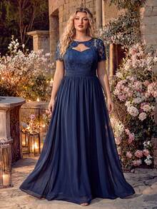 Plus Size Women's Elegant Chiffon Short Sleeve Formal Evening Gown, Backless Slit Long Dress Fall - Navy Blue - View 6
