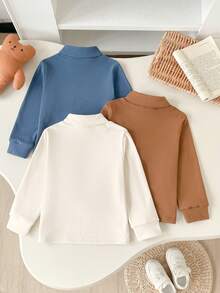 Kids Autumn/Winter High Neck Flocked Base Layer Top, Boys Solid Color Long Sleeve T-Shirt, Skin-Friendly Brushed Pullover With Pocket And Patch Label, Warm Inner Layer Top - Multicolor - View 2
