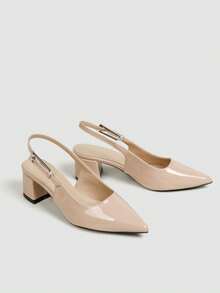 Women's Nude Pointed Toe Slingback Chunky Heel Pumps, Adjustable Buckle Dress Shoes For Wedding, Commute And Daily Wear - Apricot - View 3