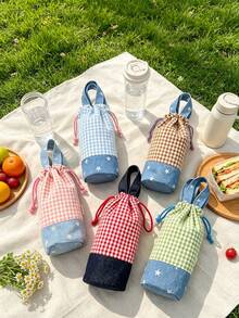 1pc Plaid Spliced Drawstring Water Bottle Bag, Portable Hand‑Held Insulated Cup Sleeve, Anti‑Scald Water Bottle Pouch, Protective Holder For Cup For Outdoor Picnic Travel Daily Use,Christmas Home Decor - Multicolor - View 4