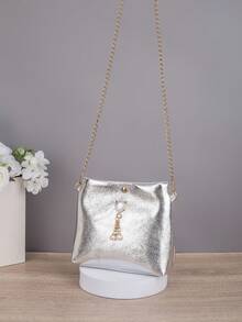 Damen Metallic Crackle Polyester Ketten Umhängetasche, modische Perlen Dekor Schultertasche, Gold Silber Farboptionen, lässige tägliche Party Handtasche - Gold - Übersicht 10