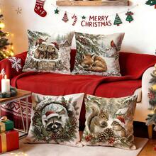 4pcs Winter Forest Animal Christmas Pillow Covers, Snow Rabbit Fox Raccoon Squirrel Print Pattern, Single-Sided Print Pillow Covers/Cushion Covers, Multi-Scene Atmosphere Decoration Pillow Covers Suitable For Living Room Sofa Bedroom, Pillow Insert Not Included - Multicolor - View 6