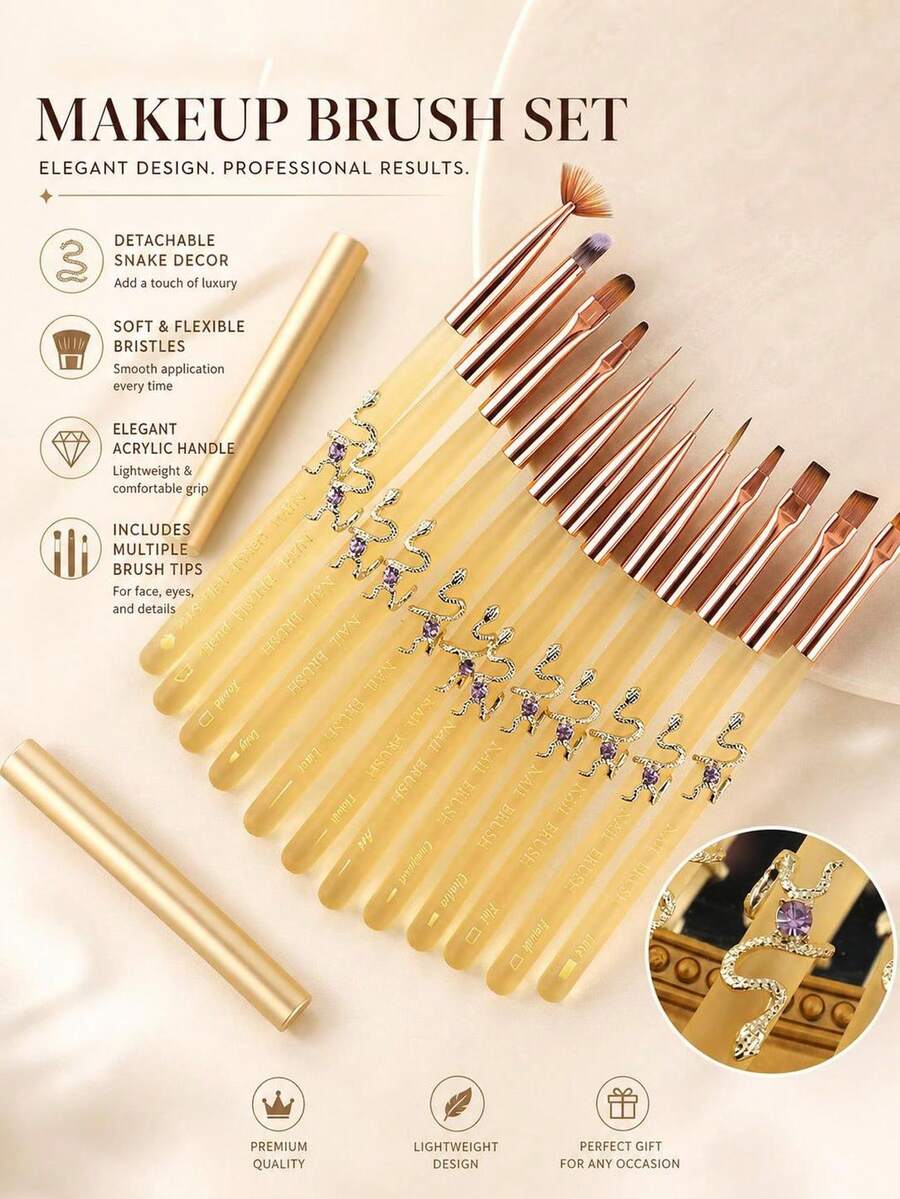 1Pc Detachable Snake Decor Nail Art Brush, Yellow Translucent Acrylic Handle Nail Liner Pen For UV Gel Drawing Painting Carving - Yellow - View 1
