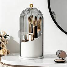 Large Capacity Cosmetic Organizer With 180° Sliding Dustproof Lid, 360° Rotating Makeup Brush Holder With 3 Storage Sections, Clear Covered Vanity Caddy For Toothbrush, Toothpaste And Lipstick, Dorm Essentials, Available In White, Gray, Green,Black - Multicolor - View 3