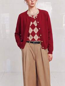 Women's Autumn Casual Minimalist Inner Diamond Pattern Solid Color Knit 2 In 1 Pullover Cardigan - Red - View 5