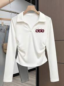 女款極簡紅色 Logo 印花白色 Polo 領長袖 T 恤，性感修身款，秋季打底衫 - 白色 - 查看 4