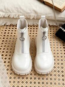 1 Pasang Sepatu Bot Pendek Anak-Anak Berkilau dengan Resleting Depan, Sepatu Bot Ankle Ujung Bulat Bergaya Vintage, Cocok untuk Pemakaian Sehari-hari dan Penataan Busana, Cocok untuk Aktivitas Luar Ruangan, Cocok untuk Musim Gugur/Dingin - Krem - View 8