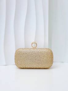 Women's Evening Clutch Bag, Rectangular Hard Shell, Ring Handle, Detachable Chain, Luxury Fashion Style, Suitable For Weddings, Balls, Parties, All-Season Formal Handbag - Gold - View 4