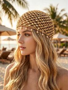 1pc Bohemian Style Sequin Crochet Knit Hat, Vintage Hollow Pendant Headscarf, Multi-Functional Hair Accessory For Vacation/Party/Daily Wear - Multicolor - View 4