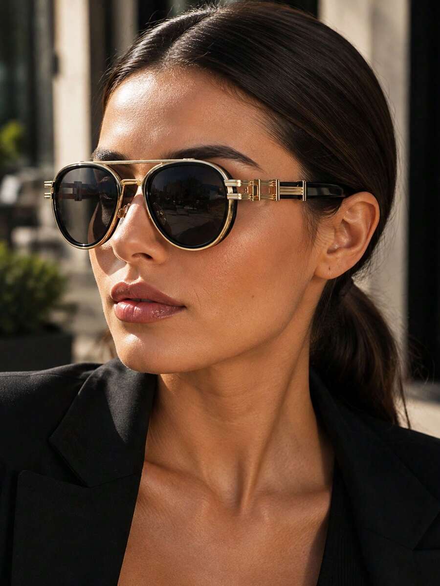 European And American Retro Sunglasses For Women, Gold And Gray Color Scheme, Rounded Small Frame, Gray-Black Lenses, Gold Metal Frame, Black Temples With Exquisite Metal Details, Suitable For Cafe, City Stroll, Weekend Outing - Multicolor - View 1