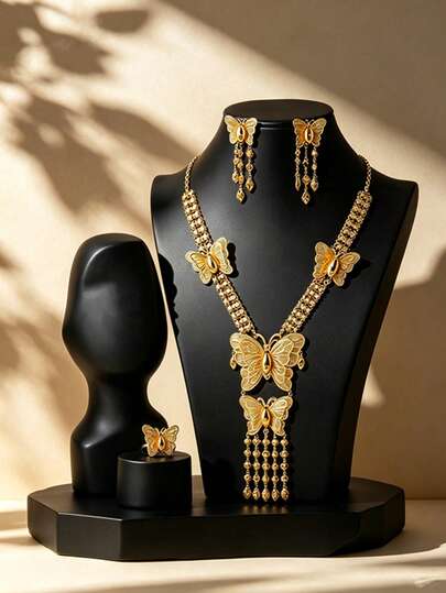 Letingsha Set Perhiasan Emas Vintage 5 Gaya dengan Liontin Kupu-kupu Berongga dan Rumbai, Kalung Panjang dengan Liontin Kupu-kupu Jala dan Anting-anting Rumbai Bertingkat, Aksesori Fashion Mewah untuk Pesta Malam dan Pernikahan untuk Wanita