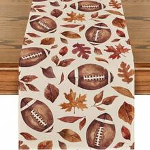 1pc Autumn Watercolor Football & Maple Leaf Print Table Runner - Polyester Stiff Fabric, Rectangular, Ideal For Holiday Dining And Outdoor Parties, Suitable For Home Dining Room, Restaurant, Kitchen Supplies, Party Table Decor - Brown - View 1
