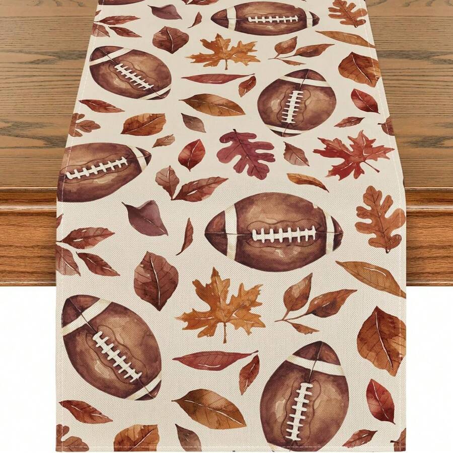 1pc Autumn Watercolor Football & Maple Leaf Print Table Runner - Polyester Stiff Fabric, Rectangular, Ideal For Holiday Dining And Outdoor Parties, Suitable For Home Dining Room, Restaurant, Kitchen Supplies, Party Table Decor - Brown - View 1