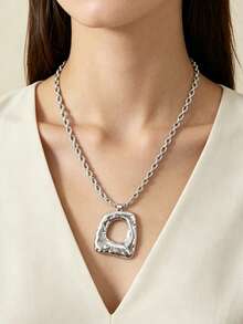 1pc Vintage European & American Style Thick Chain Necklace With Braided Rope, Asymmetrical Hollow Square Geometric Pendant, Luxury Long Collarbone Chain - necklace - View 2