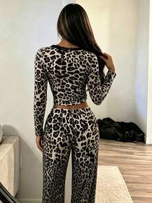 2pcs Women's Loose Leopard Print Crew Neck Long Sleeve Top + Casual Pants Cute Loungewear Set - Black - View 6