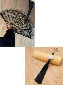 1 pieza Abanico plegable de encaje negro vintage, abanico con borde de encaje, accesorio para danza de orquídeas y fotografía, abanico para Hanfu/vestido largo, abanico plegable con borla de estilo retro chino, Día de San Valentín - Multicolor - Ver 12