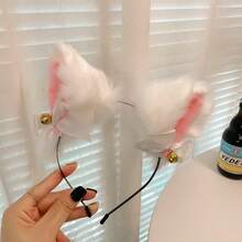 1pc Plush Cat Ear Bell Headband, Super Fairy Japanese Soft Girl Style, Adorable Rabbit Ear Face Wash Headband Hair Accessory For Photography - White Pink - View 4