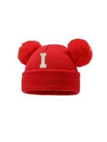 1pc A-Z Letter Double Pom Pom Knitted Hat, Newborn Autumn/Winter Warm & Cold-Proof Hat, Suitable For 0-3 Years Old Baby Daily Wear - Red - View 8