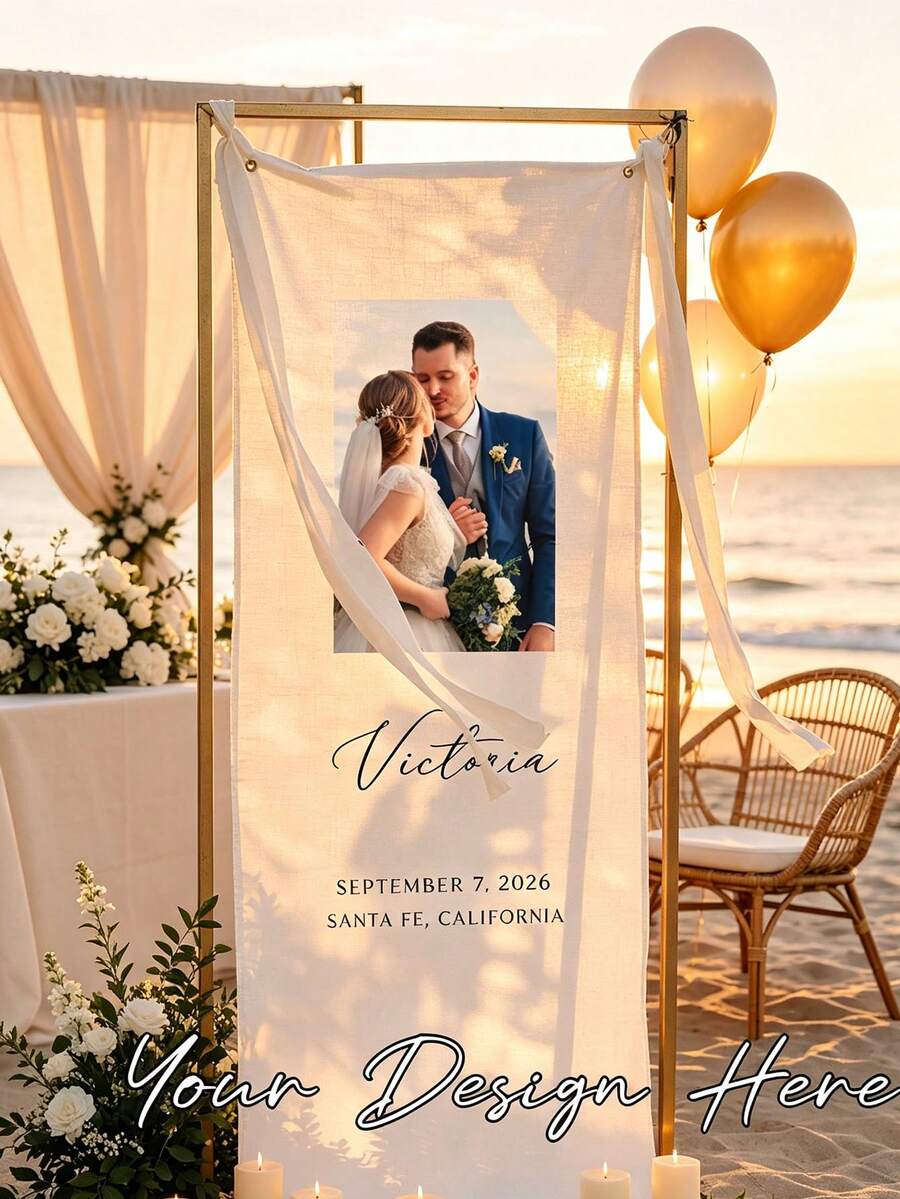 Personalized Wedding Welcome Sign, Customizable With Portraits And Text, Customized Minimalist Welcome Banner, Banner With Bow Ribbon Set, Wedding Decor, Party Decor, Tea Room, Home, Garden, Office, Graduation, Wedding, Housewarming, Customized Wedding Supplies, Back To School Gift