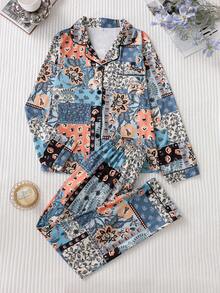 Women's Patchwork Floral Print 2 Pieces Pajama Set, Lapel Long Sleeve Top And Elastic Waist Long Pants, Soft Loungewear - Teal Blue - View 1