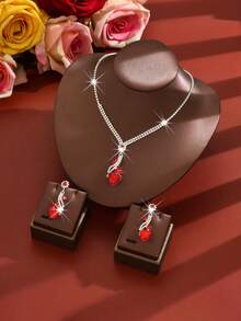 Vintage Elegant Heart Pendant Necklace & Earrings Set, Luxury Evening Dress Accessories - 1210 Red-hB - View 3