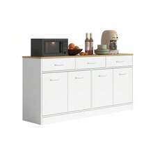 Kitchen Sideboard With 3 Drawers And Adjustable Shelves, 160 Cm Kitchen Island With Wood-Look Countertop, White, 76.5x160x37 Cm - White + Natural - View 5