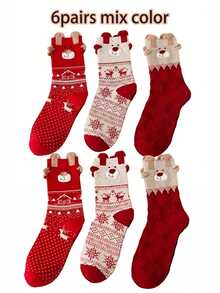1/3/6 Pairs Of Women's Socks - Multi-Color Cartoon Reindeer 3D Design Fleece Polka Dot Texture Contrast Christmas Soft And Comfortable Mid-Calf Casual Socks For All Seasons - Multicolor - View 12