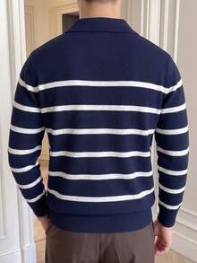 Men's Striped Knit Long Sleeve Polo Shirt, Casual Slim Fit Top Suitable For Business And Daily Wear - Navy Blue - View 5