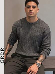 GRDR Men's Casual Cable Knit Crew Neck Long Sleeve Sweater - Grey - View 6