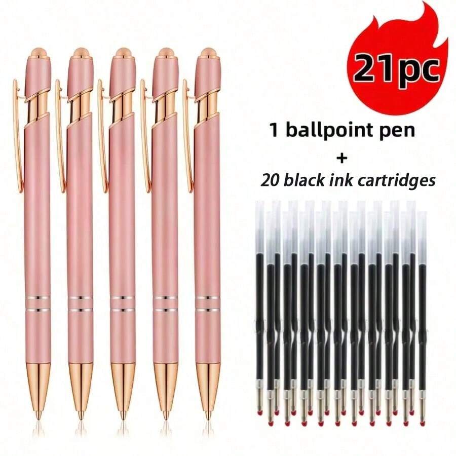 21pcs Metal Retractable Ballpoint Pens With Touchscreen Stylus Tip, Smooth Writing, Non-Slip Grip, Suitable For Multiple Devices, Ideal For Daily Use And Educational Purposes - Multicolor - View 1