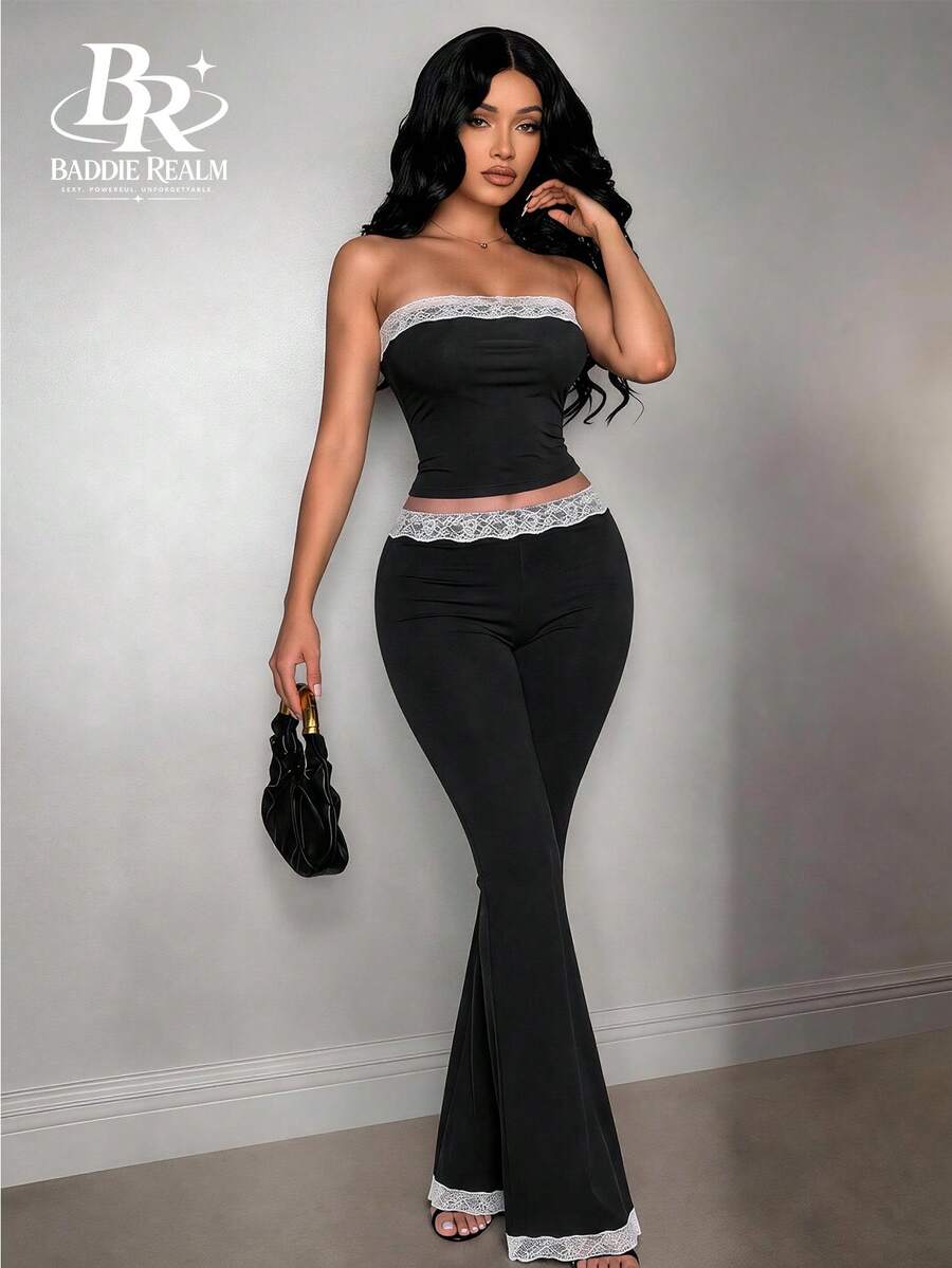 BADDIE REALM Women's Strapless Contrast Lace 2 Pieces Outfit, Black Medium-Stretch Top And Bell Bottom Pants For Sexy - Black - View 1
