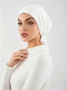 1pc Women's Solid Color Anti-Slip Elastic Band Base Cap Adjustable Scarf Hat - White B - View 3