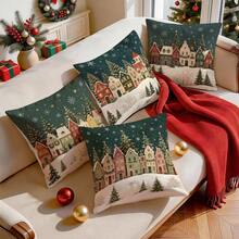 4pcs/1pc Christmas Fairy Tale Town Pattern Pillow Case Without Insert, Single-Sided Printed Pillow Case, Suitable For Living Room Bedroom Home Decor, All-Season Pillow Case - Multicolor - View 8