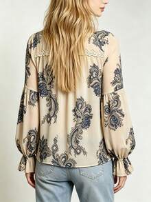 YUXIN Modern Elegant Women's Paisley Print Blouse, Ruffle Trim Faux Collar Lace Patchwork Bishop Sleeve Top, Autumn/Winter Daily Commute & Vacation Wear - Khaki - View 11