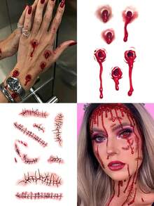Halloween Makeup Prank Party Blood Paste Tattoo Ink Fake Scar Making Non-Drip Fake Blood + Halloween Red Scar Stitching Blood Hole Pattern Tattoo Sticker Set - Red - View 4