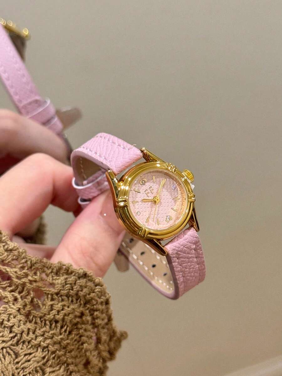 1pc Pink Mini Round Watch, Pink Dial, PU Strap, Gold Case, Sweet Vintage Style, Suitable For Daily Wear - Pink - View 1