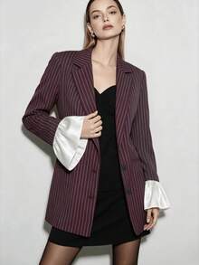 Women's Vertical Striped Blazer Jacket, Satin Bell Sleeve Design, Commuter Professional Small Suit Jacket, Spring/Autumn Thin Outerwear - Burgundy - View 4