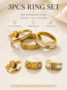 3pcs/Set Stainless Steel Clover Zirconia Rings, Waterproof Non-Fading Elegant Women's Jewelry, Suitable For Daily Wear And Party Charm, Ideal Gift - Gold - View 2