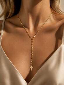 VceTd 2PCS Fashion Vacation Layered Style Stainless Steel Women's Necklace Set With Random Beaded Chain And Cross Pendant Y-Shaped Necklace, Suitable For Daily Wear, Vacation Or Holiday Gift - Yellow Gold - View 4
