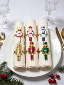 12pcs/6PCS Christmas Nutcracker Soldier Napkin Rings, Full Set Of 6 Metal Nutcracker Napkin Buckles, Christmas Table Napkin Ring Decoration Set With Painted Rhinestone Napkin Rings, Holiday Party Table Decoration Napkin Cloth Rings, Home Decor, Christmas Restaurant Table Setting Decoration, Hotel Tabletop Decoration Supplies - Multicolor - View 5